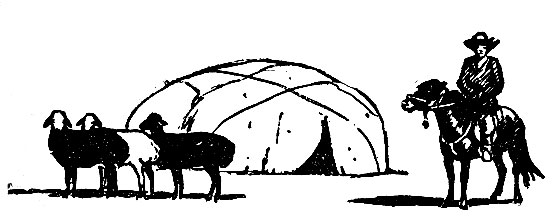 Исключительно интересное зрелище представляли калмыки со своими легкими палатками, называемыми кибитками, курдючными овецами и киргизскими кобылицами